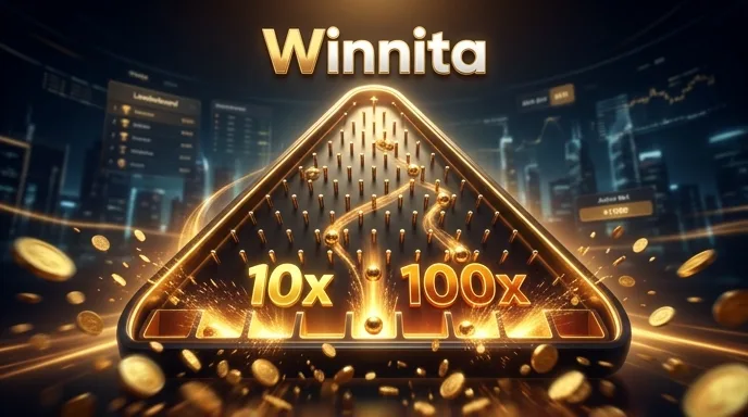 Piramide di pioli Plinko con palline dorate che cadono verso caselle di moltiplicatori da 10x e 100x