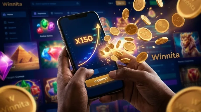 Smartphone tenuto in mano che mostra un moltiplicatore crash che sale, con monete dorate che escono dallo schermo